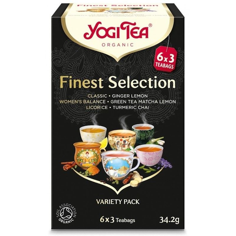 Ceai Seleție Fina Bio Yogi Tea, cutie neagră elegantă cu ilustrații colorate, 18 plicuri diferite.