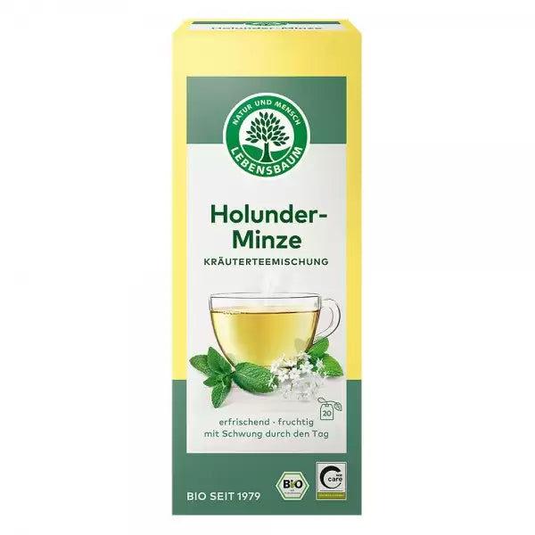 Cutie ceai de soc cu mentă Lebensbaum 30g, design galben-verde, cană ceai, frunze mentă.