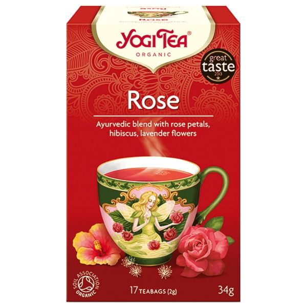 Ceai Trandafir Petale Eco 17 plicuri Yogi Tea, cutie roșie cu motive florale și cană decorativă.