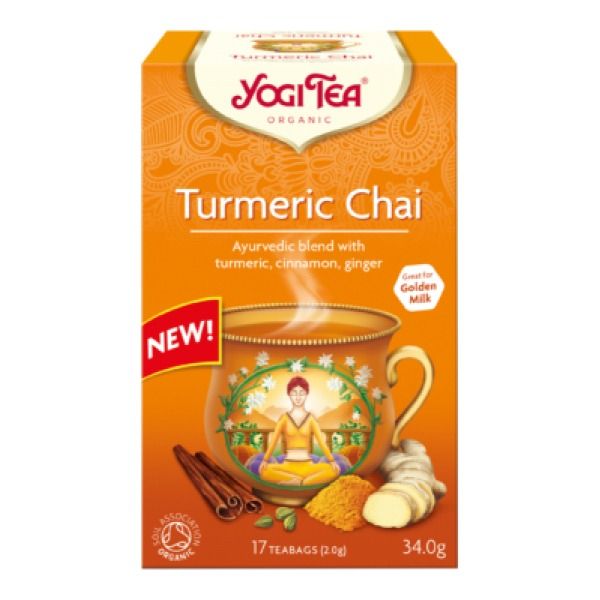 Cutie Ceai Turmeric Chai Yogi Tea, 17 plicuri, portocaliu, decor yoga, condimente vizibile: turmeric, scorțișoară, ghimbir.