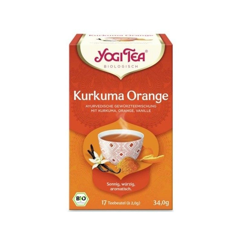 Ceai Turmeric Portocale Bio Yogi Tea, 17 plicuri, cutie portocalie, design tradițional, vanilie, turmeric.