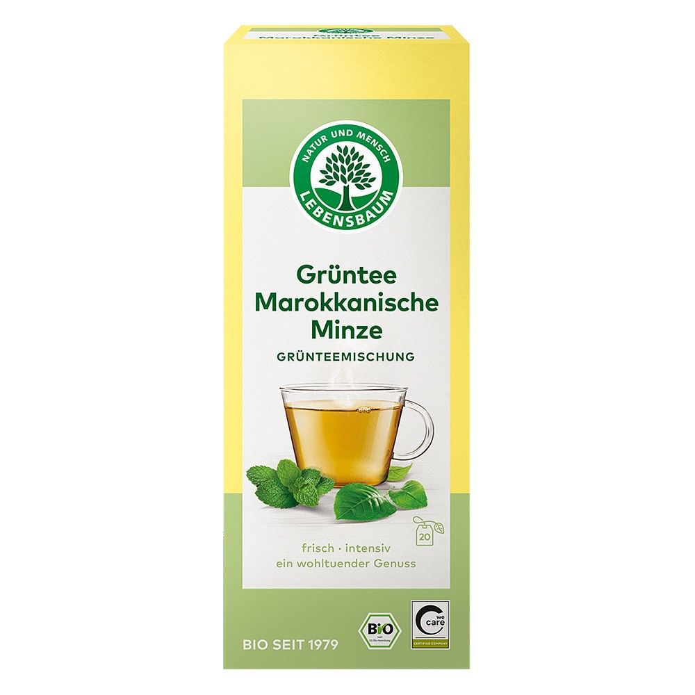 Cutie ceai verde bio cu mentă marocană Lebensbaum, 40g, design galben-verde, ilustrație ceai și frunze de mentă.