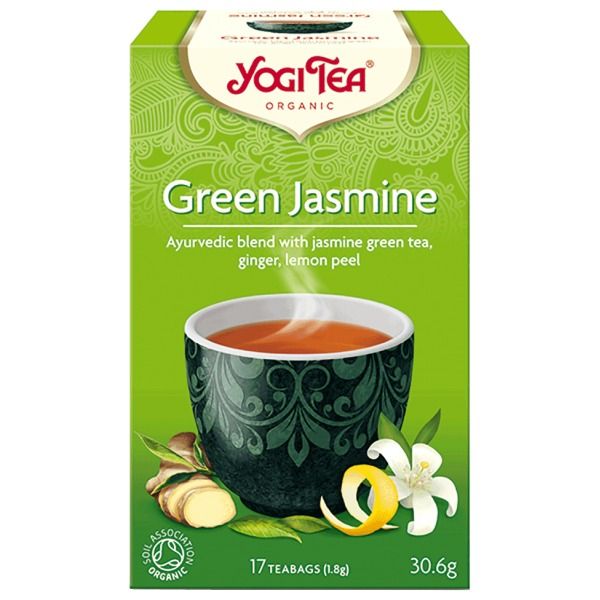 Ceai Verde-Iasomie Eco Yogi Tea, cutie verde, pliculețe organice, 17 bucăți, ghimbir și coajă de lămâie.