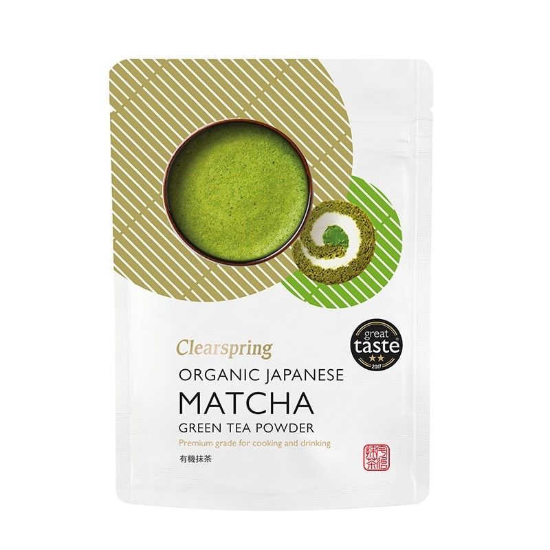 Pungă ceai verde Matcha Clearspring, pudră premium, 40g, culoare verde intens.