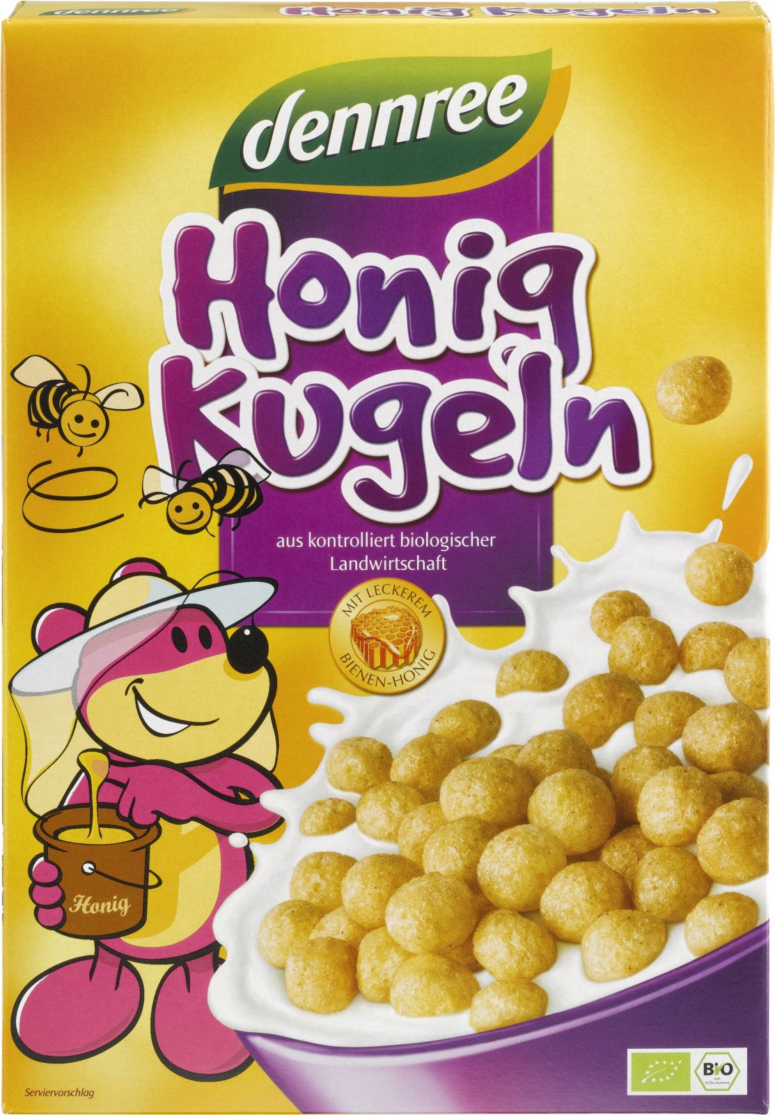 Cutie cereală Dennree, biluțe aurii cu miere bio, pe fundal galben, personaje albinuțe.