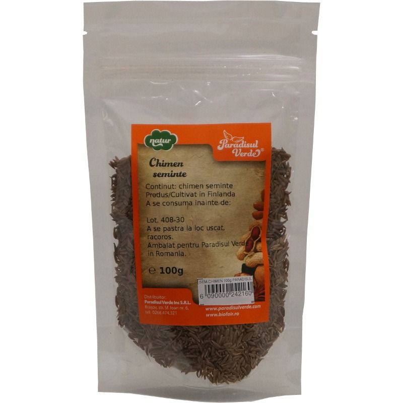 Pungă seminte chimen 100g Paradisul Verde, ambalaj transparent cu etichetă portocalie.
