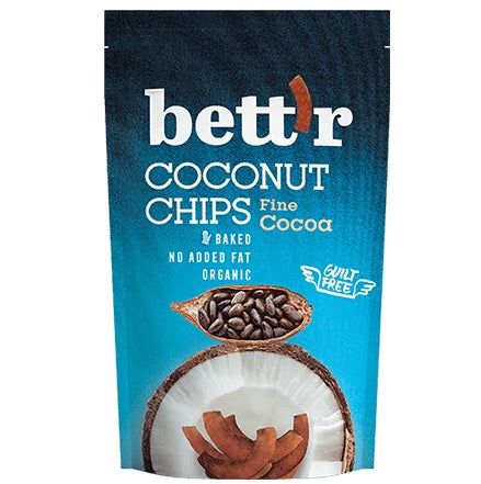 Chips de cocos eco cu cacao BETTR 70g, ambalaj albastru, ingrediente naturale, fără grăsimi adăugate.