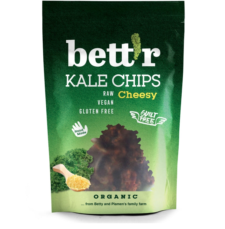 Chips din kale cu aroma de branza raw eco Bettr 30g, ambalaj verde vegan eco.