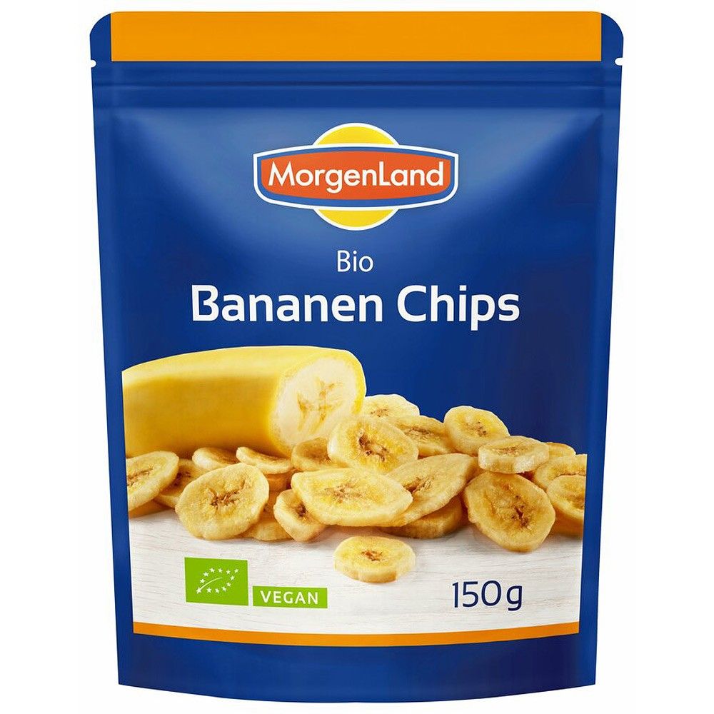 Chipsuri bio de banane MorgenLand 150g în ambalaj albastru cu banane feliate.