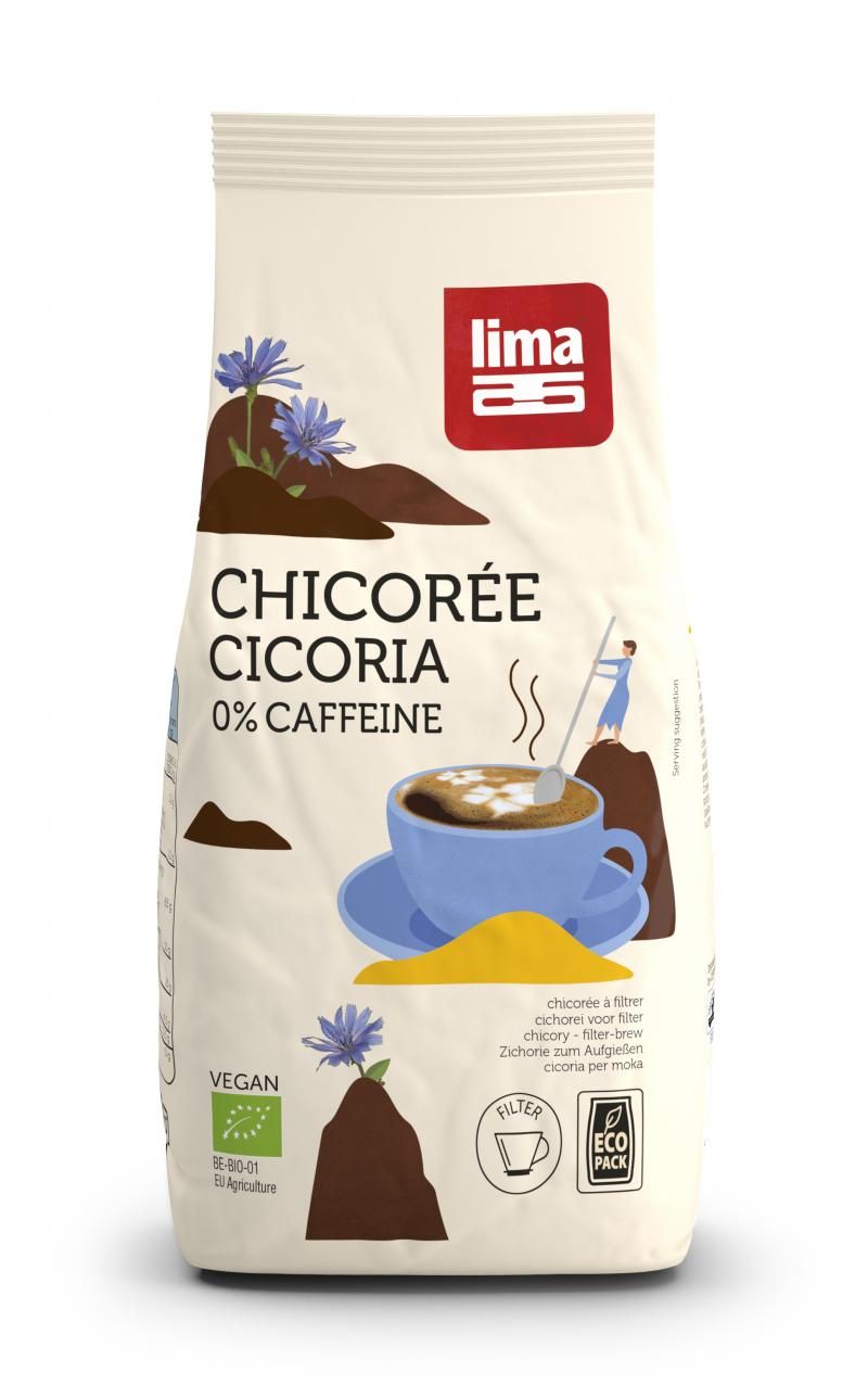 Cicoare Eco 250G Lima, pachet alb cu design floral, logo roșu Lima, text negru.