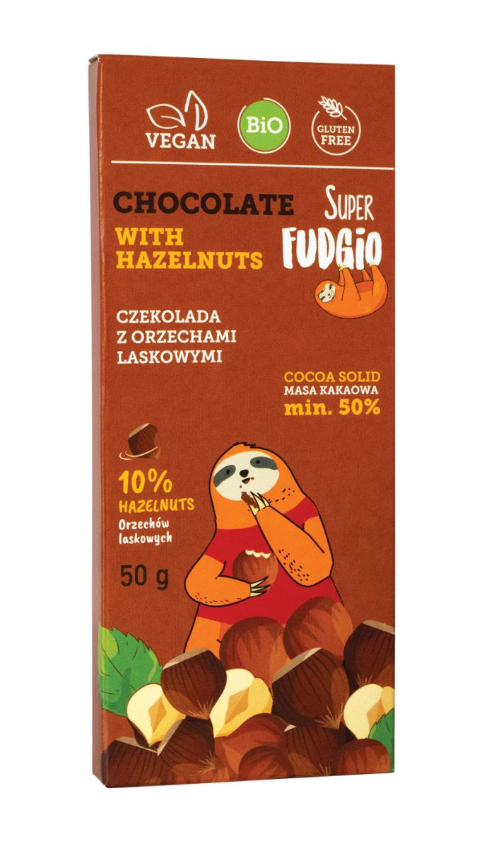 Ciocolată vegană cu alune de pădure, bio, 50g, Super Fudgio, ambalaj maro, minim 50% cacao.