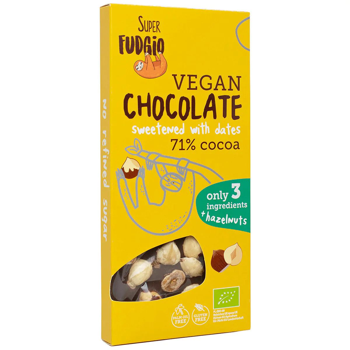 Ciocolata vegana cu alune si curmale, ambalaj galben, 100g, Super Fudgio, bio, 71% cacao.