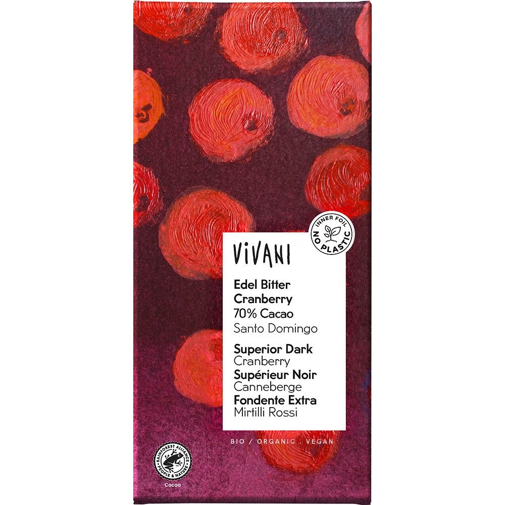 Ciocolată amăruie bio 70% cacao și merișoare Vivani, ambalaj roșu și negru.