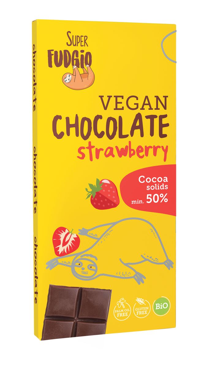 Ciocolată vegană cu căpșuni Super Fudgio 80g, ambalaj galben cu text roșu și maro.