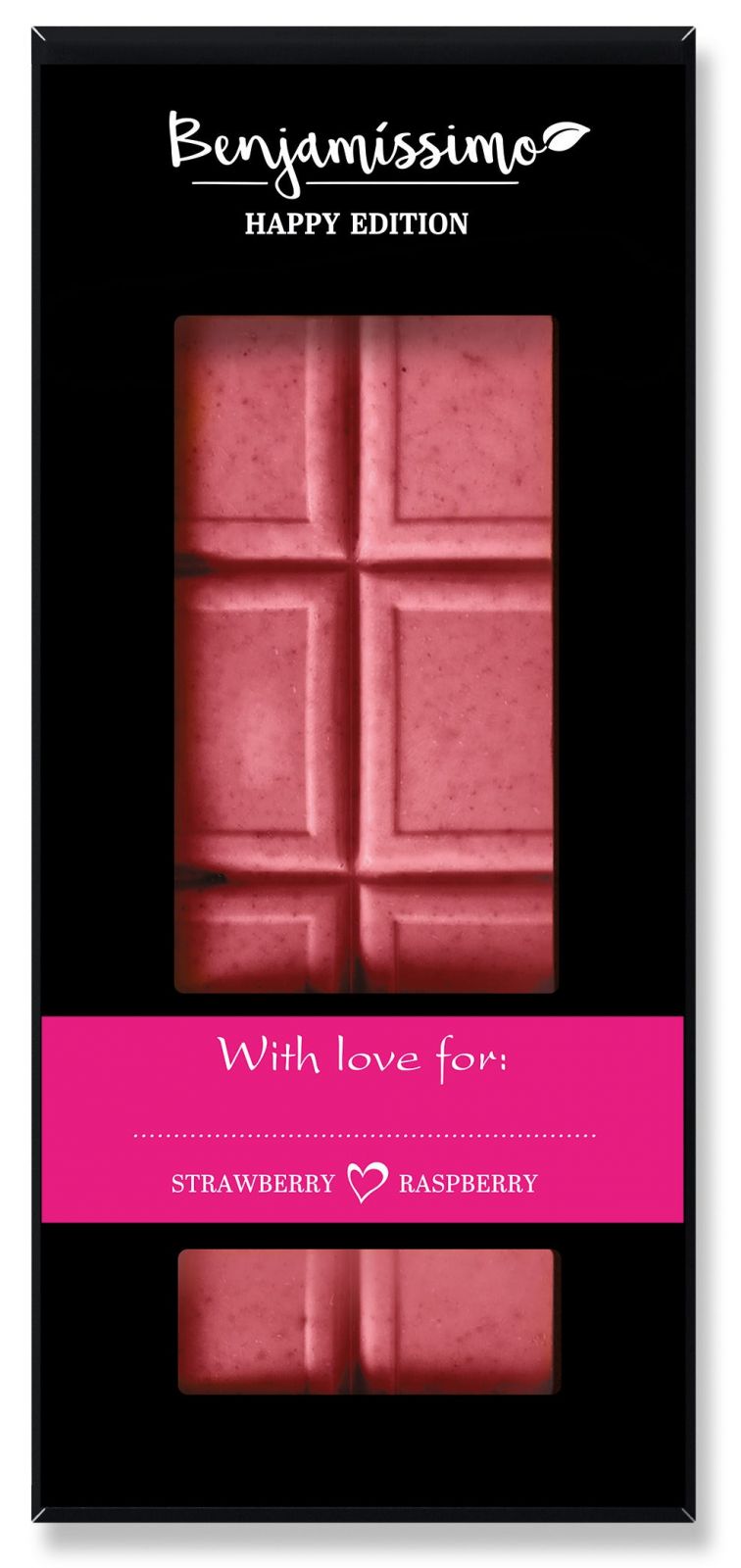 Ciocolata bio roz Benjamissimo cu căpșuni și zmeură, 60g, ambalaj elegant.