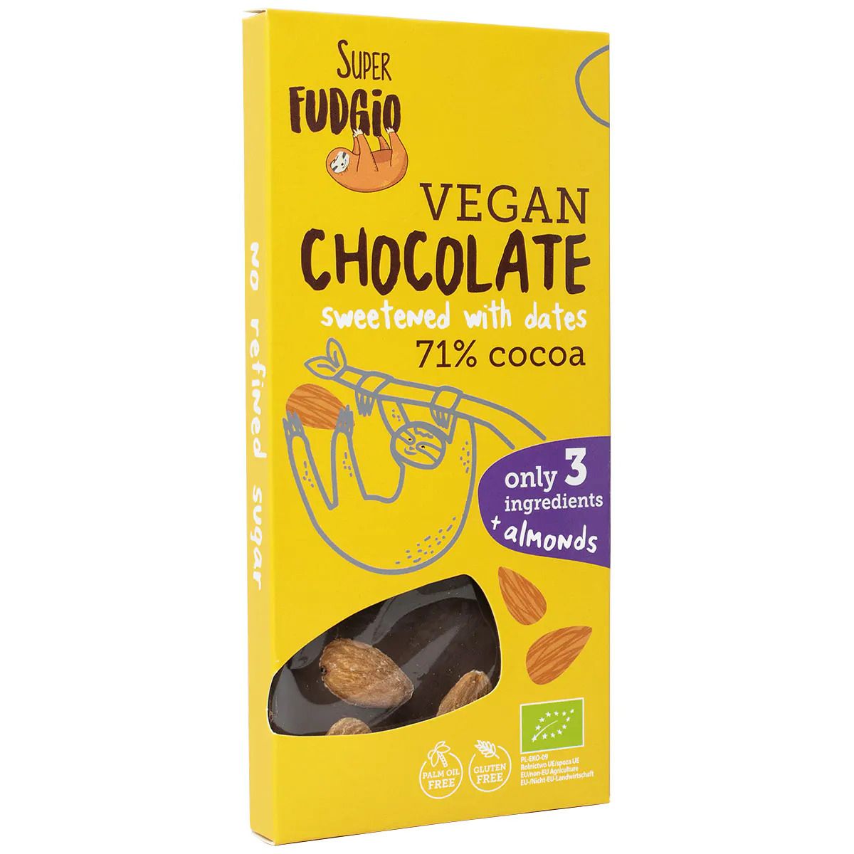 Ciocolată vegană Super Fudgio cu migdale și curmale, ambalaj galben, 100g, bio.