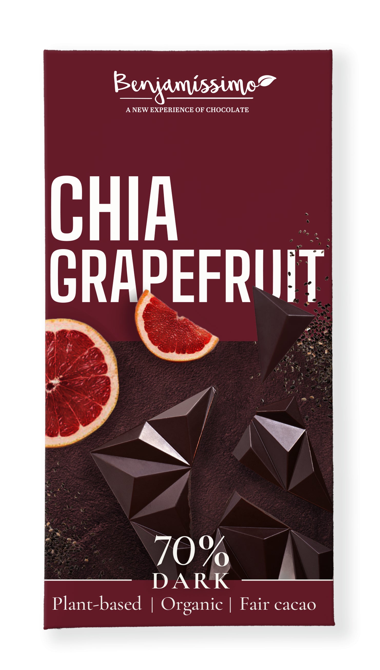 Ciocolată neagră 70% cu chia și grapefruit Benjamissimo, bio, 60g, ambalaj modern.