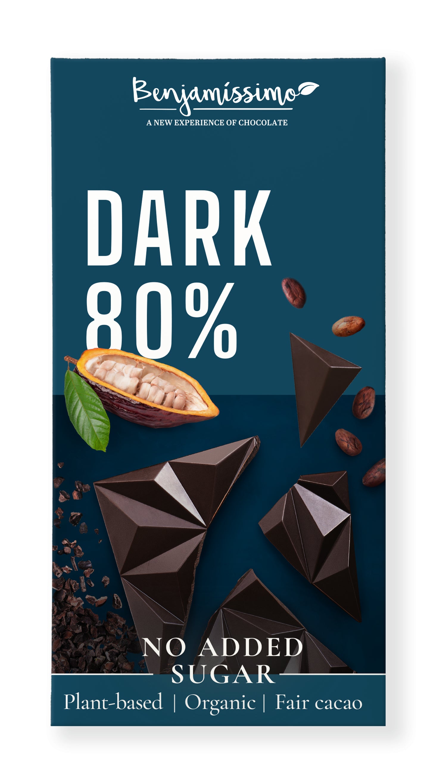 Ciocolată neagră 80% bio Benjamissimo, tabletă geometrică, ambalaj albastru.