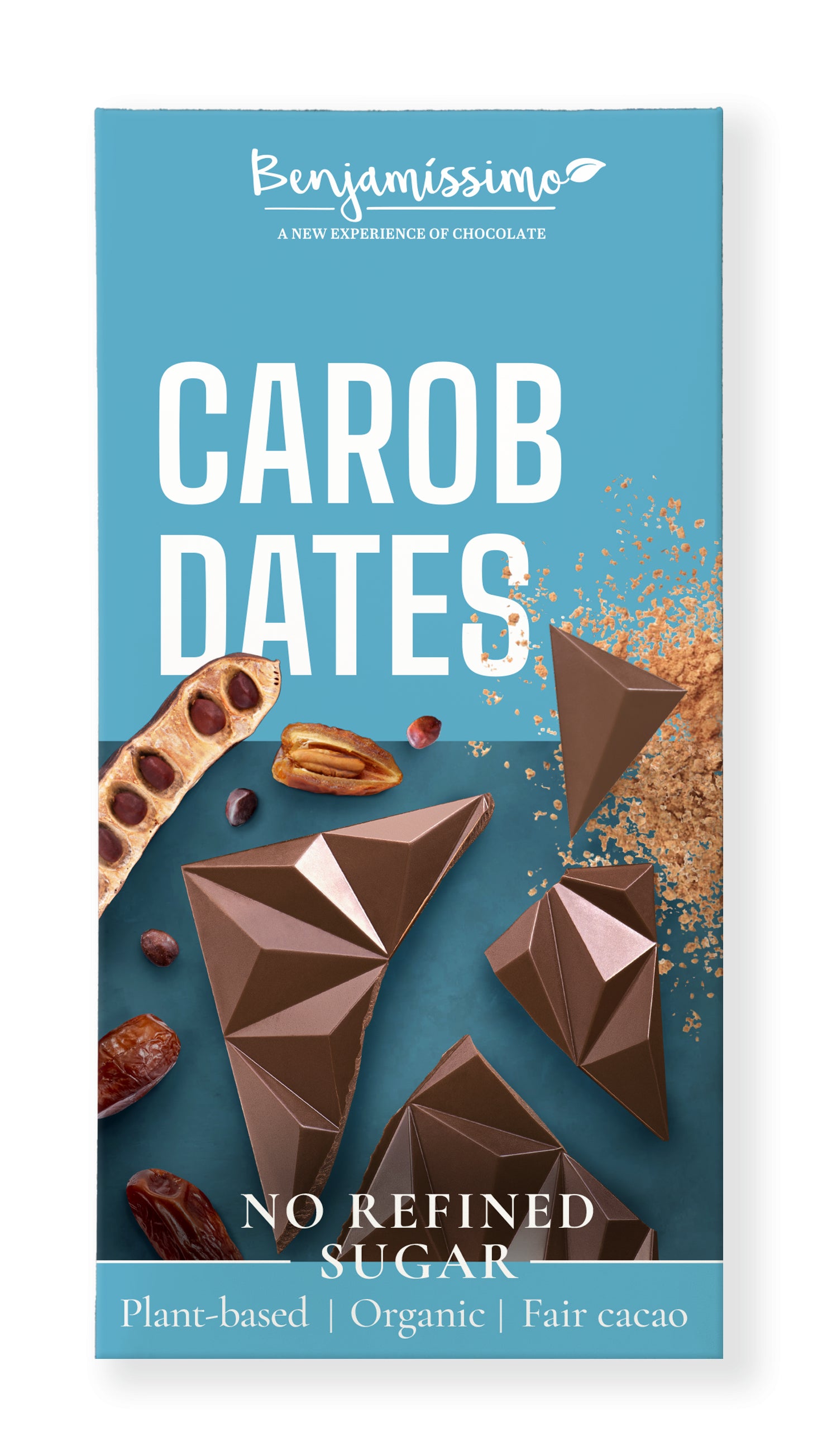 Ciocolată Benjamissimo bio cu pudră de carob și curmale, design geometric sofisticat.