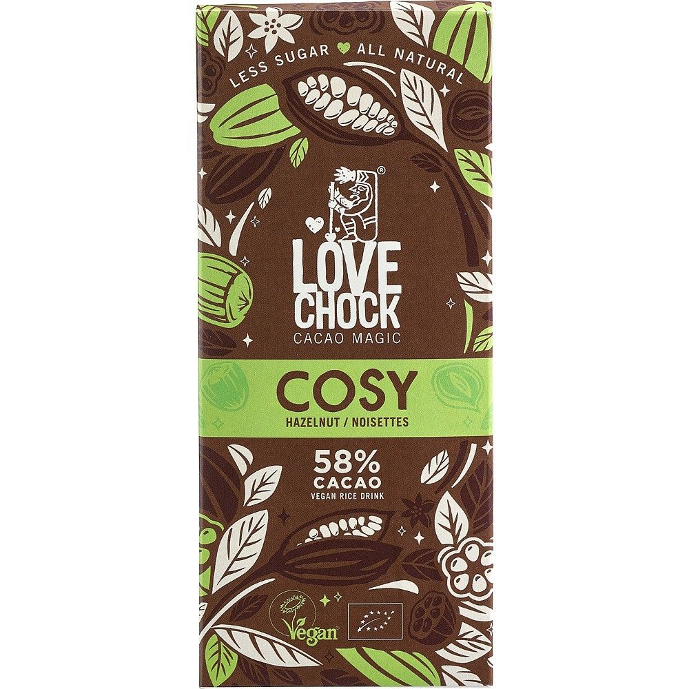 Ciocolată vegană bio 58% cacao cu alune și băutură de orez Lovechock 70g.