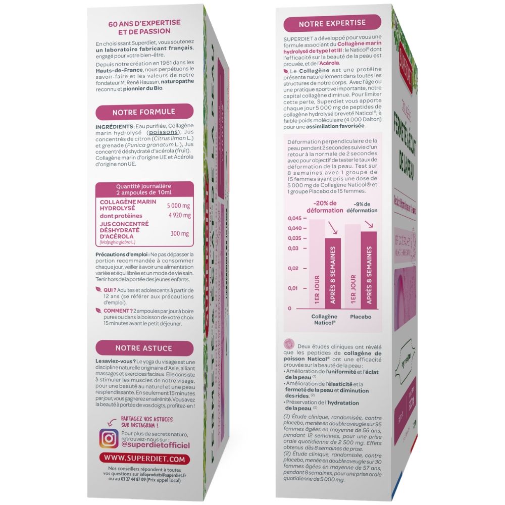 Cutie albă și roz COLAGEN MARIN 5g + Acerola SUPERDIET, 20 fiole, text informativ și grafică.