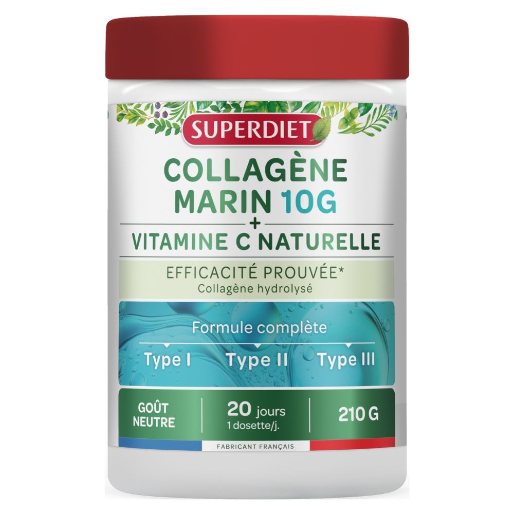 Colagen marin hidrolizat tip I-III cu vitamina C, pudră 210g, capac roșu, etichetă verde și albastră.