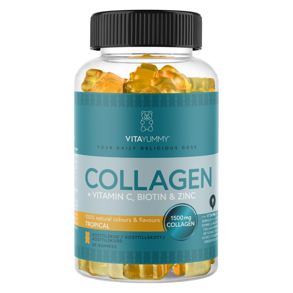 Vitayummy Colagen tropical 1500 mg, jeleuri galbene, 60 bucăți, cu vitamina C și zinc.