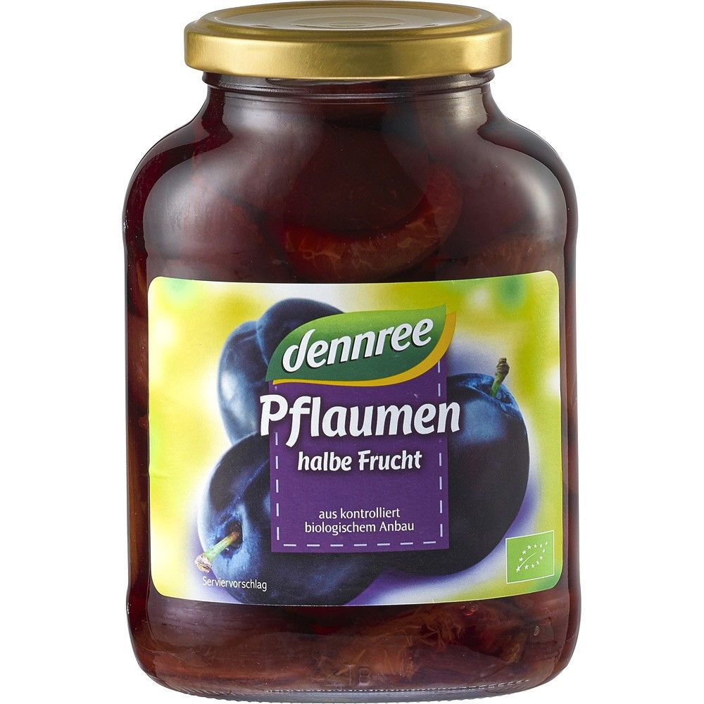 Compot bio de prune Dennree 540g în borcan de sticlă cu capac auriu și etichetă colorată.