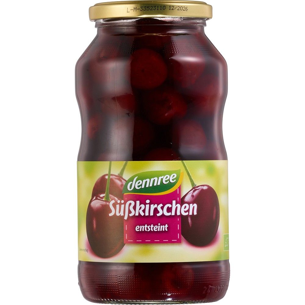 Compot de cirese fara samburi bio Dennree 700g, borcan sticla, cirese rosii zemoase.