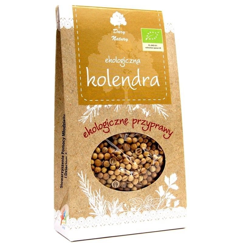 Condiment Coriandru boabe Bio 30g Dary Natury, ambalaj maro cu fereastră transparentă, siglă verde organic.