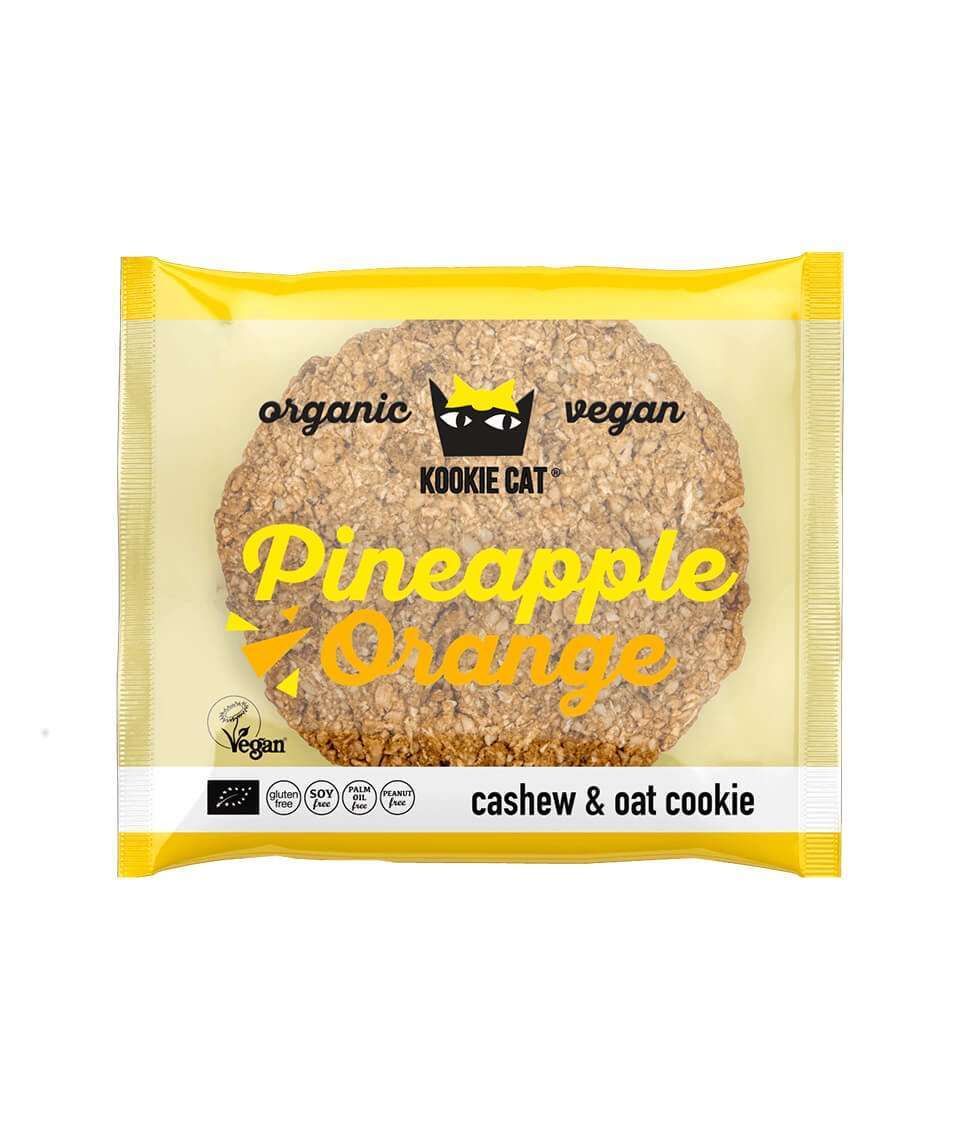 Kookie Cat cookie ananas portocale eco, ambalaj galben, ingrediente organice.