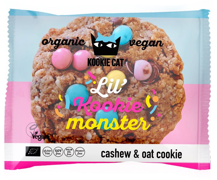 Cookie bio Kookie Cat cu dropsuri de ciocolată colorate, ambalaj roz și albastru, 50g, fără gluten.