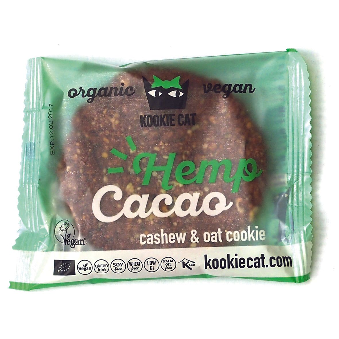 Cookie cu semințe de cânepă și cacao Kookie Cat, vegan, fără gluten, ambalaj verde 50g.