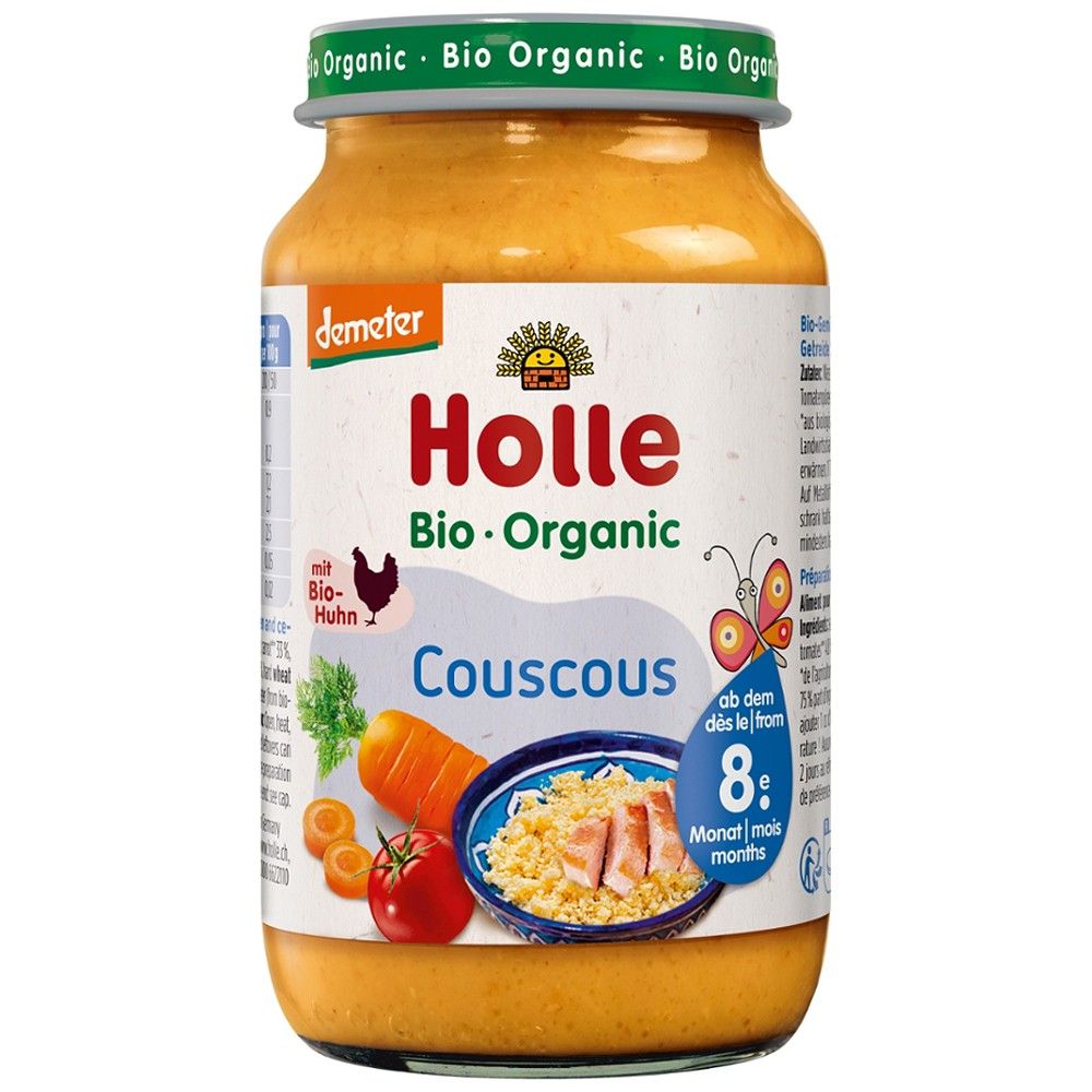 Cous cous bio cu legume Holle, borcan 220g pentru copii peste 8 luni, etichetă colorată.