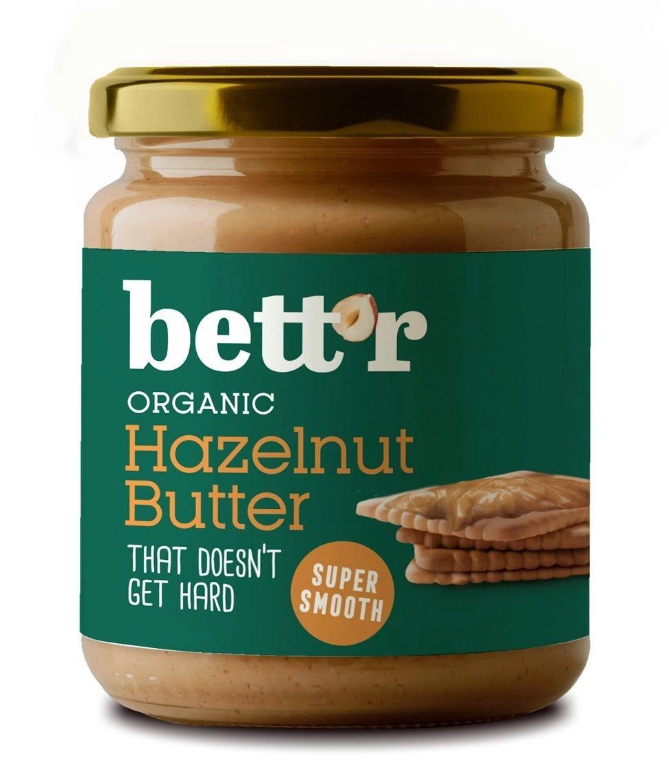 Cremă de alune de pădure bio 250g Bettr, borcan cu capac auriu, etichetă verde.