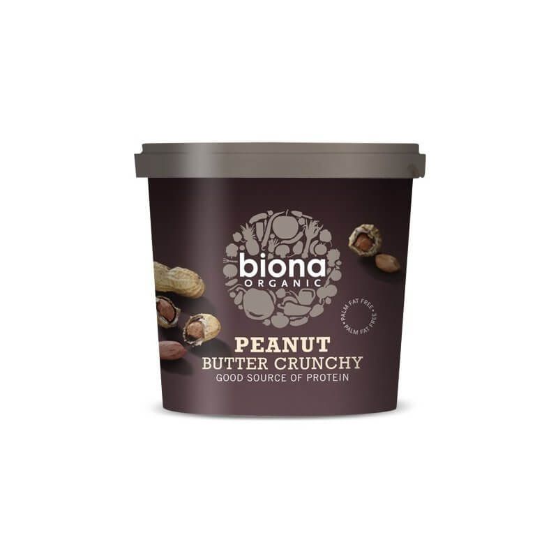 Crema de arahide crunchy eco BIONA 1kg, borcan maro cu etichetă albă.