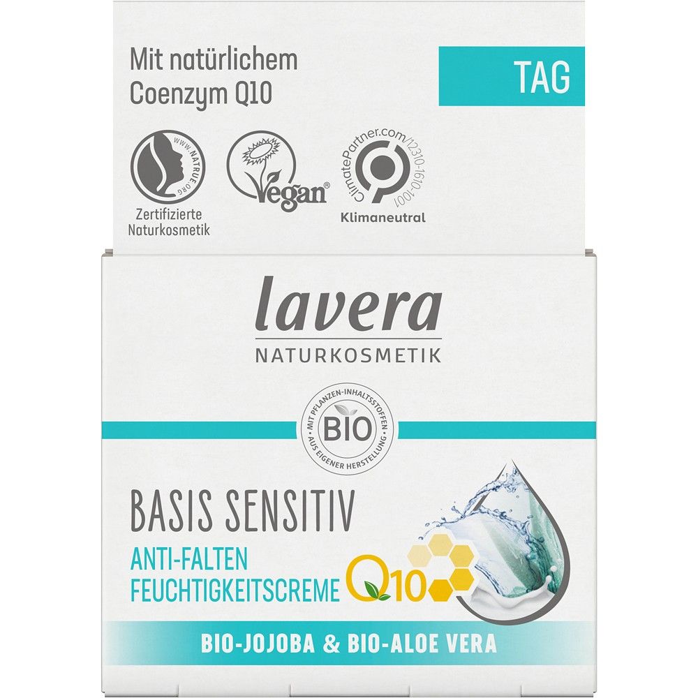Crema Lavera basis sensitiv Q10, ambalaj alb-albastru, bio-jojoba și bio-aloe vera.