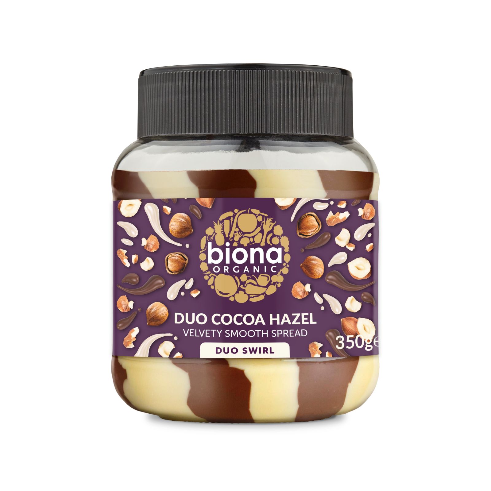 Crema de ciocolată Duo Swirl Biona, alune, bio, 350g, ciocolată albă-neagră.