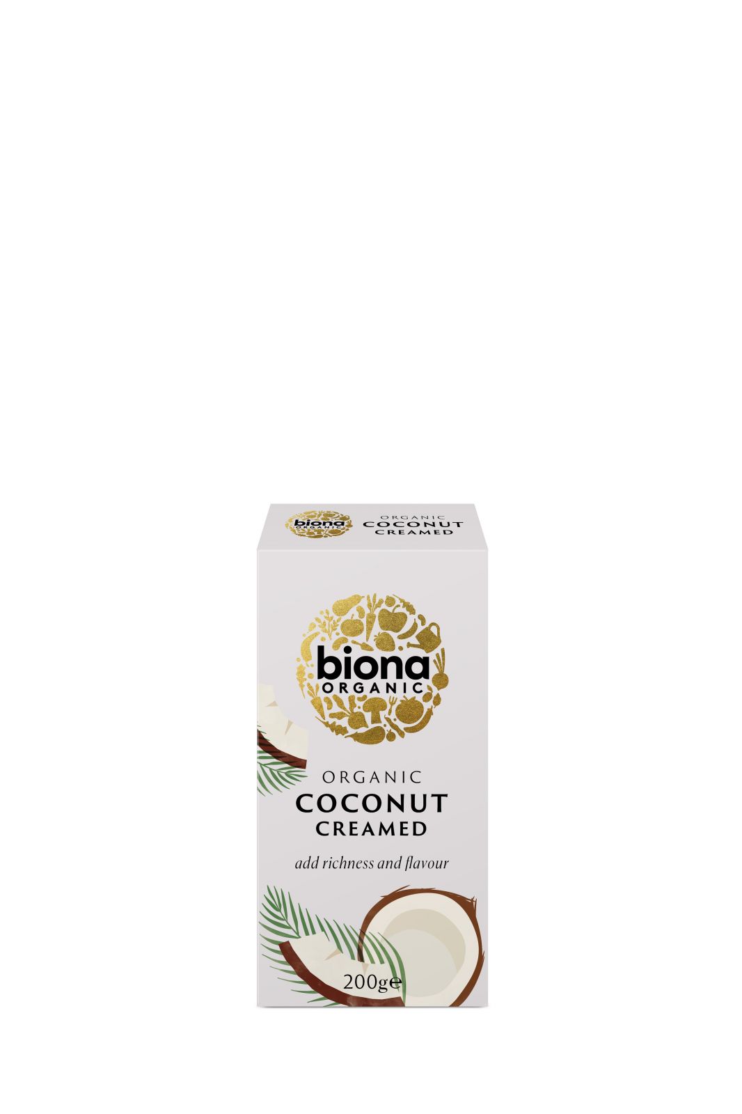 Crema de cocos eco Biona 200g, ambalaj alb, logo auriu.