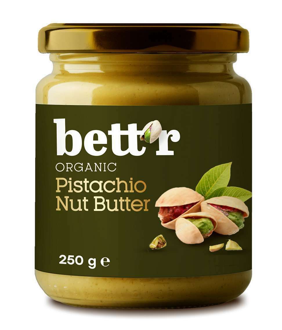 Cremă de fistic bio Bettr 250g, borcan cu capac auriu și etichetă verde.