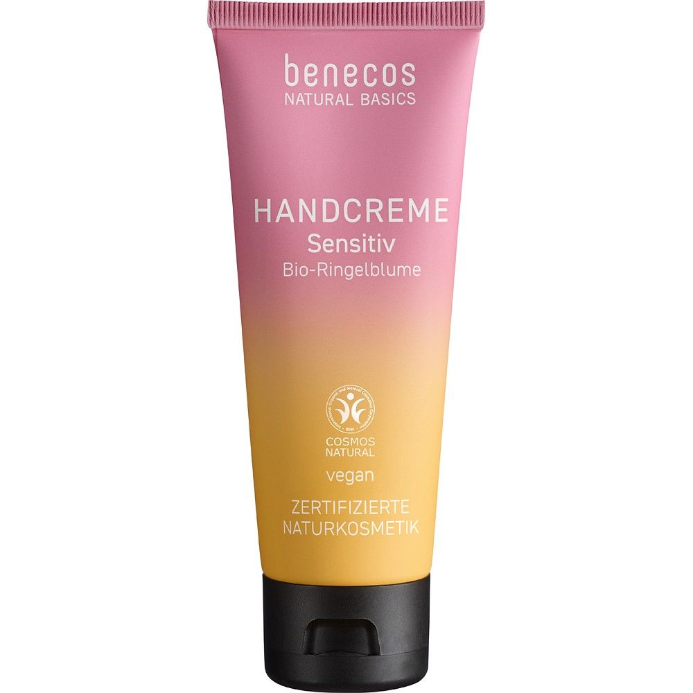 Cremă de mâini vegană cu gălbenele bio Benecos, ambalaj degrade roz-portocaliu, 75ml.