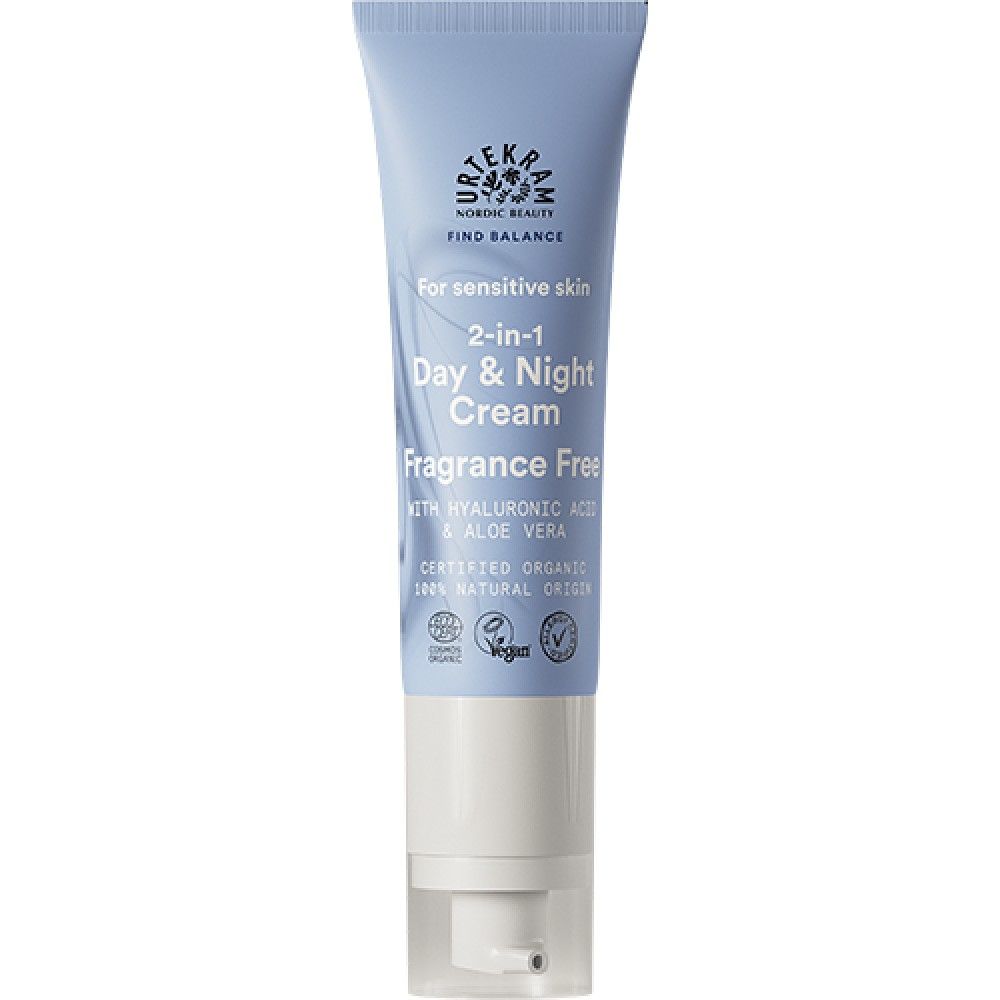 Crema sensitiv 2 în 1 Urtekram, 50ml, fără parfum, ambalaj albastru deschis, pentru ten sensibil.