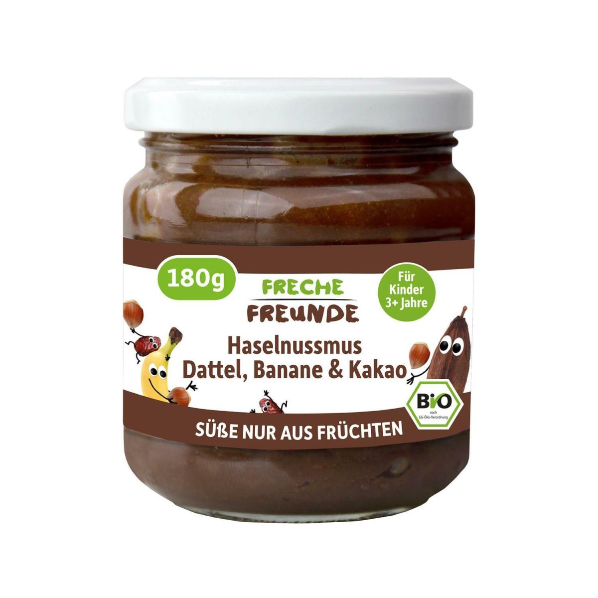 Crema tartinabilă bio cu alune de pădure, curmale, banane și cacao, 180g, ambalaj transparent.