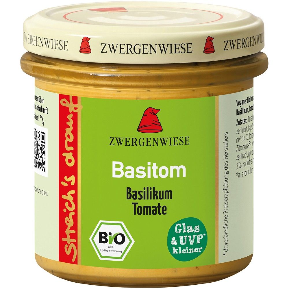 Crema tartinabilă Basitom cu busuioc și tomate bio, Zwergenwiese, 135g, etichetă verde.