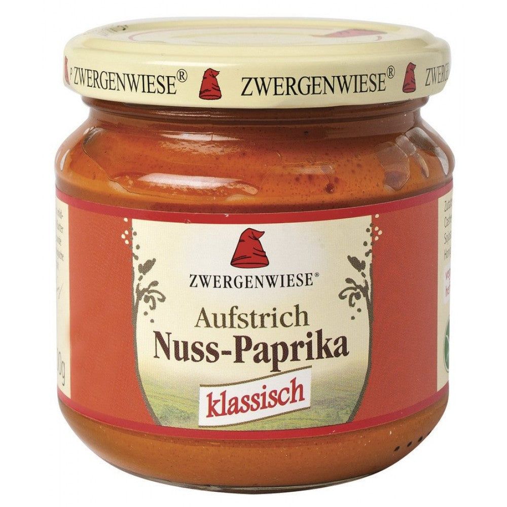 Crema tartinabilă Zwergenwiese Nuss-Paprika, borcan 200g, etichetă maro.