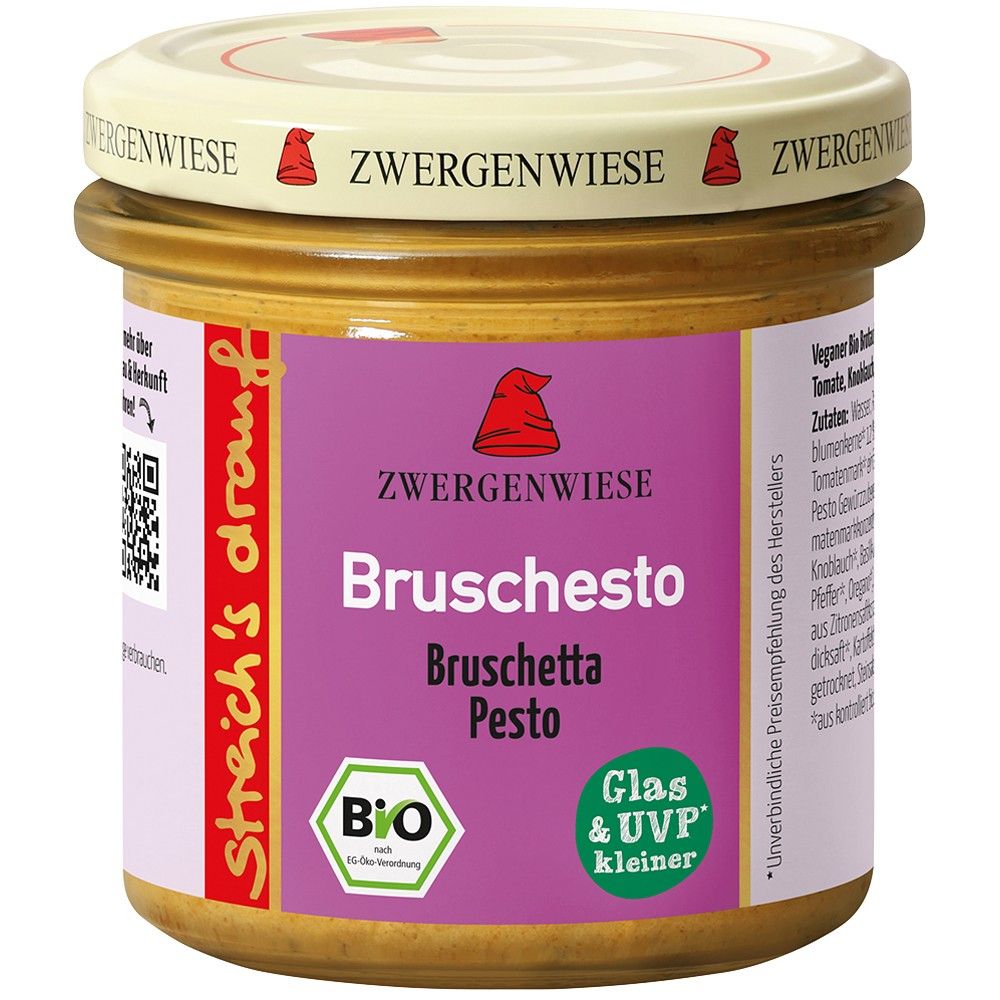 Crema tartinabilă vegetală Bruschesto cu pesto, bio, borcan 135g, marca Zwergenwiese.