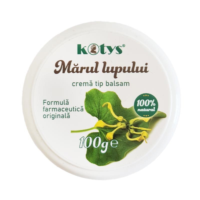 Crema Marul lupului Kotys, 100g, capac alb, etichetă verde, formulă naturală.