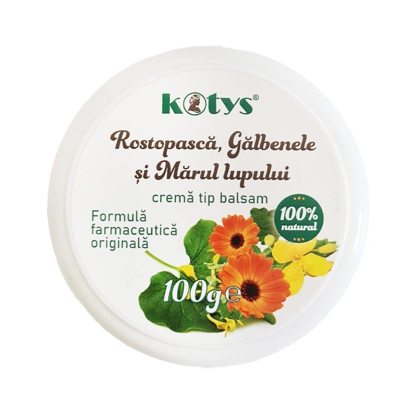 Cremă balsam Kotys cu Rostopască, Gălbenele și Mărul Lupului, 100g, ambalaj alb.
