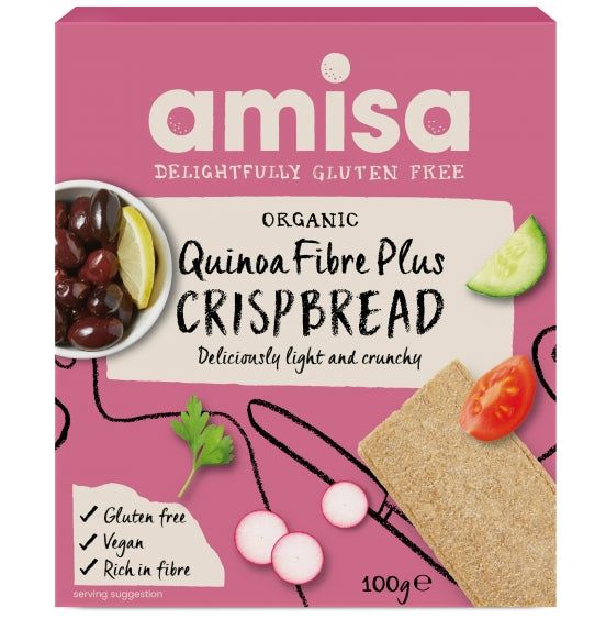 Crispbread quinoa Fibre Plus Amisa fără gluten, 100g, ambalaj roz, ingrediente organice.