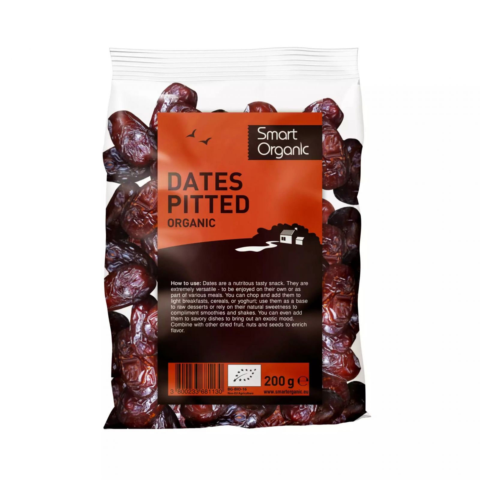 Curmale fără sâmburi eco 200g Smart Organic, ambalaj transparent-puternic distinctiv, etichetă portocalie.